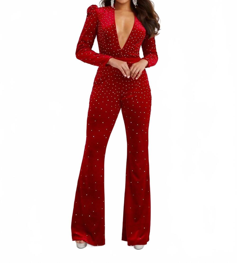 NEW HOUSE OF WU beaded velvet long sleeve jumpsuit in red